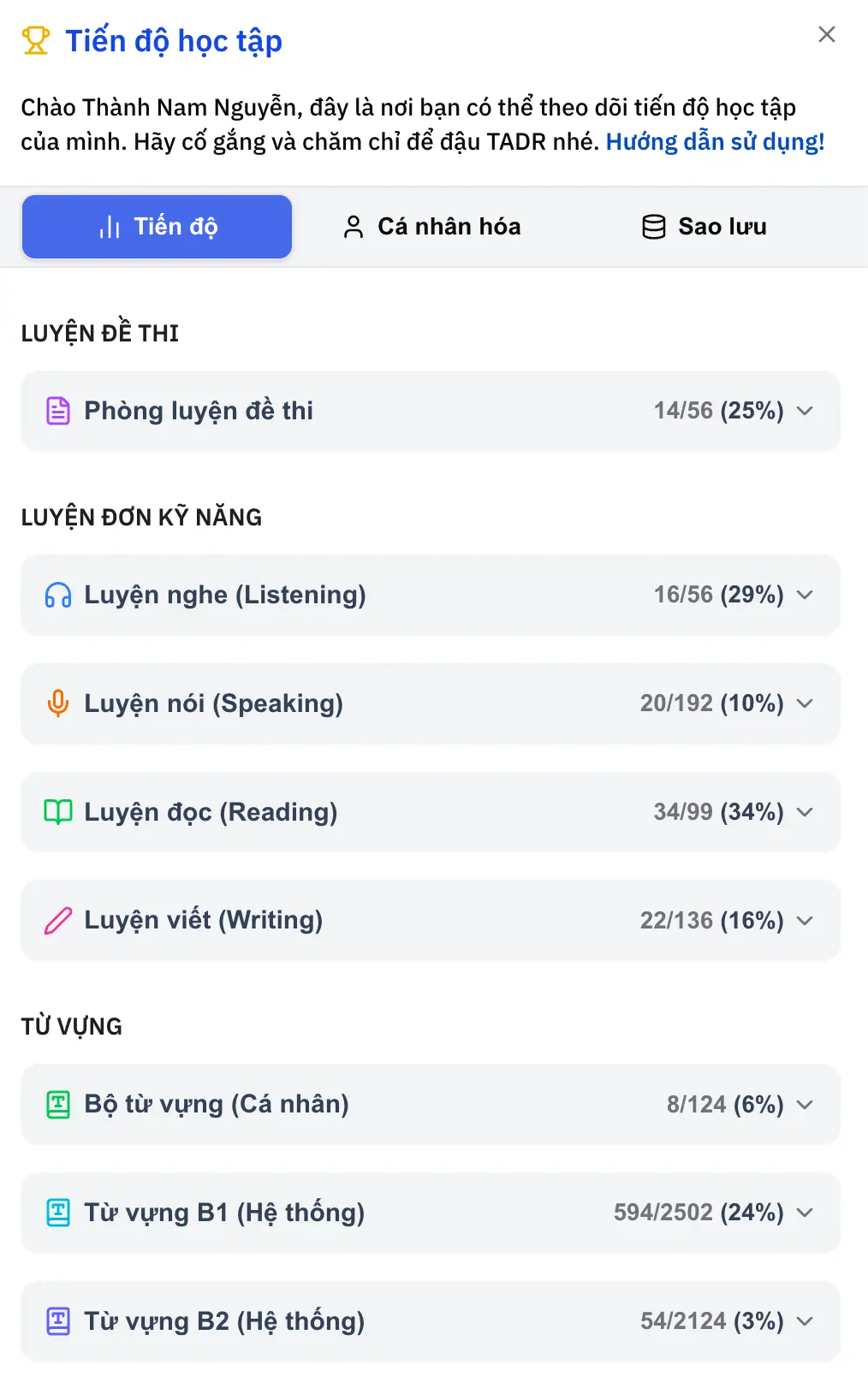 hdsd tiến độ học tập