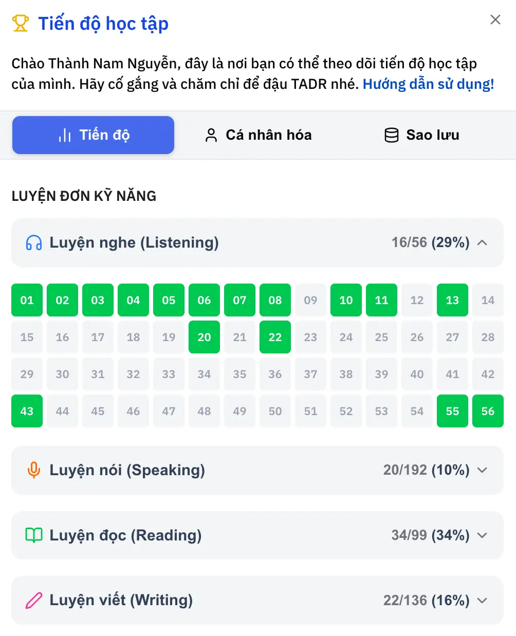 hdsd tiến độ học tập